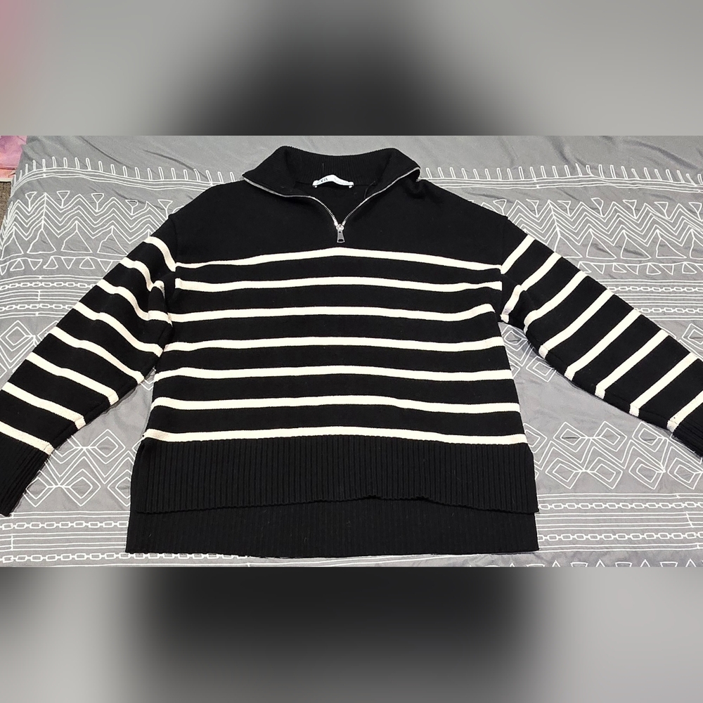 Zara Quarter Zip Striped Sweater Size Medium - Picture 1 of 5